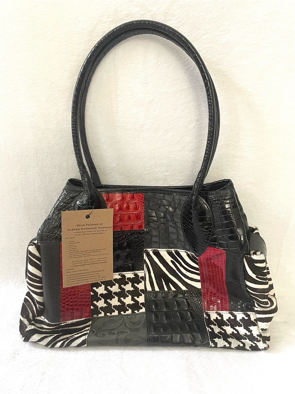 Clever Carriage Company Patchwork Satchel Leather Animal Print Cow Hair Handbag